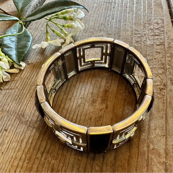 Vintage 🖤 Black & Silver Tone Square Stretch Bracelet Faux Onyx Chunky Art Deco - Picture 6 of 8